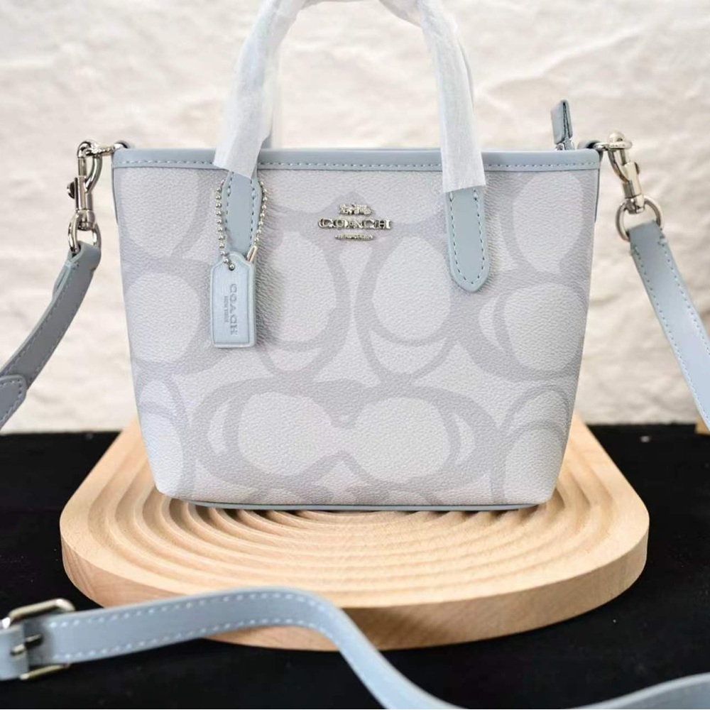 Coach Light Blue and White Signature Canvas Crossbody Mini Bag